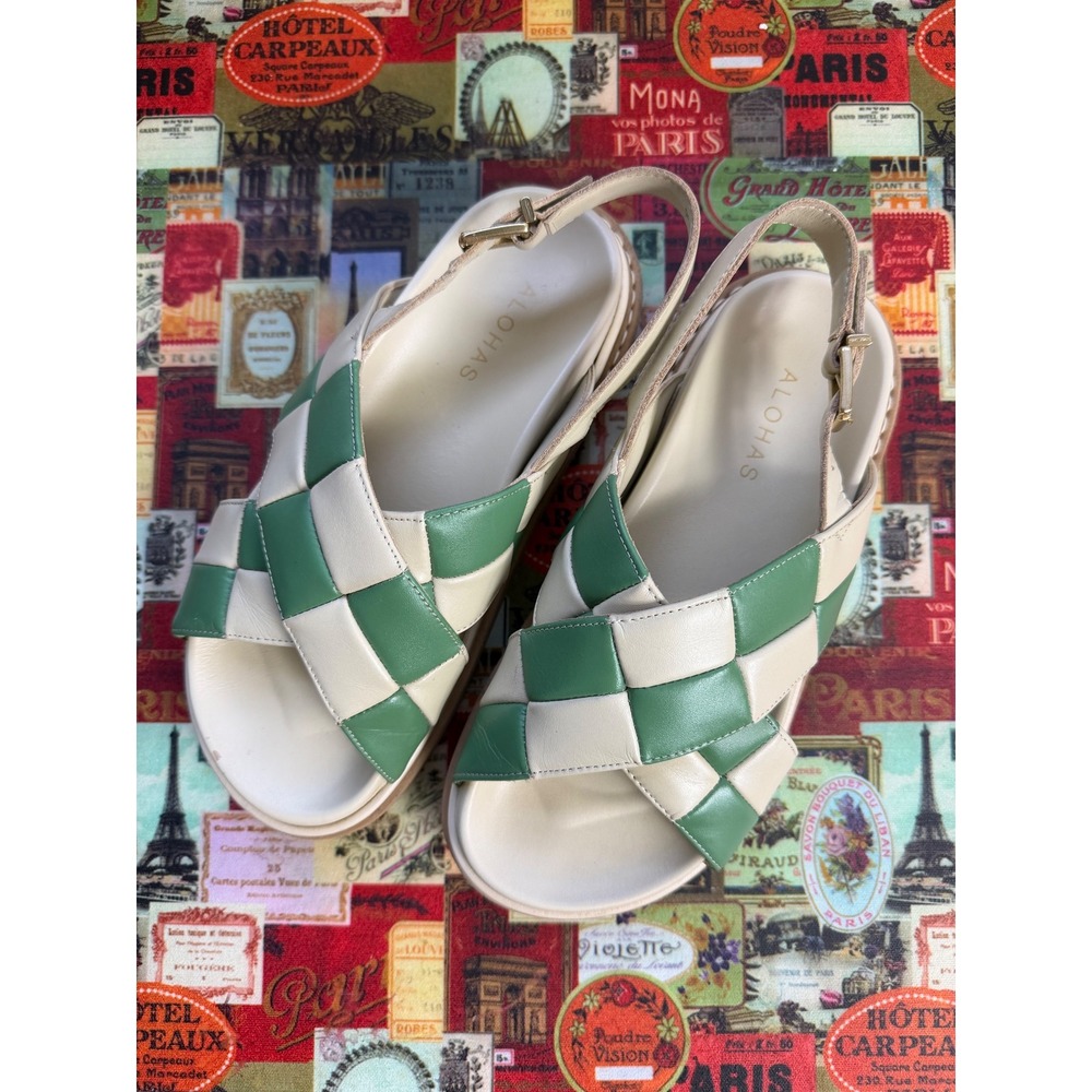 Alohas Green Cream Checkered Weave Platform Slingback Sandals Gold Buckle - Picture 2 of 14